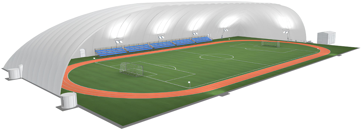 Indoor sports facility with an inflatable dome covering a soccer field surrounded by an orange running track and blue bleachers.