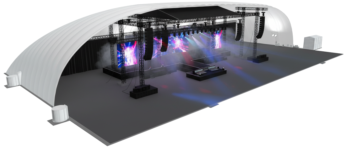 3D rendering of a large outdoor stage setup under a white inflatable dome with lighting, speakers, and video screens.