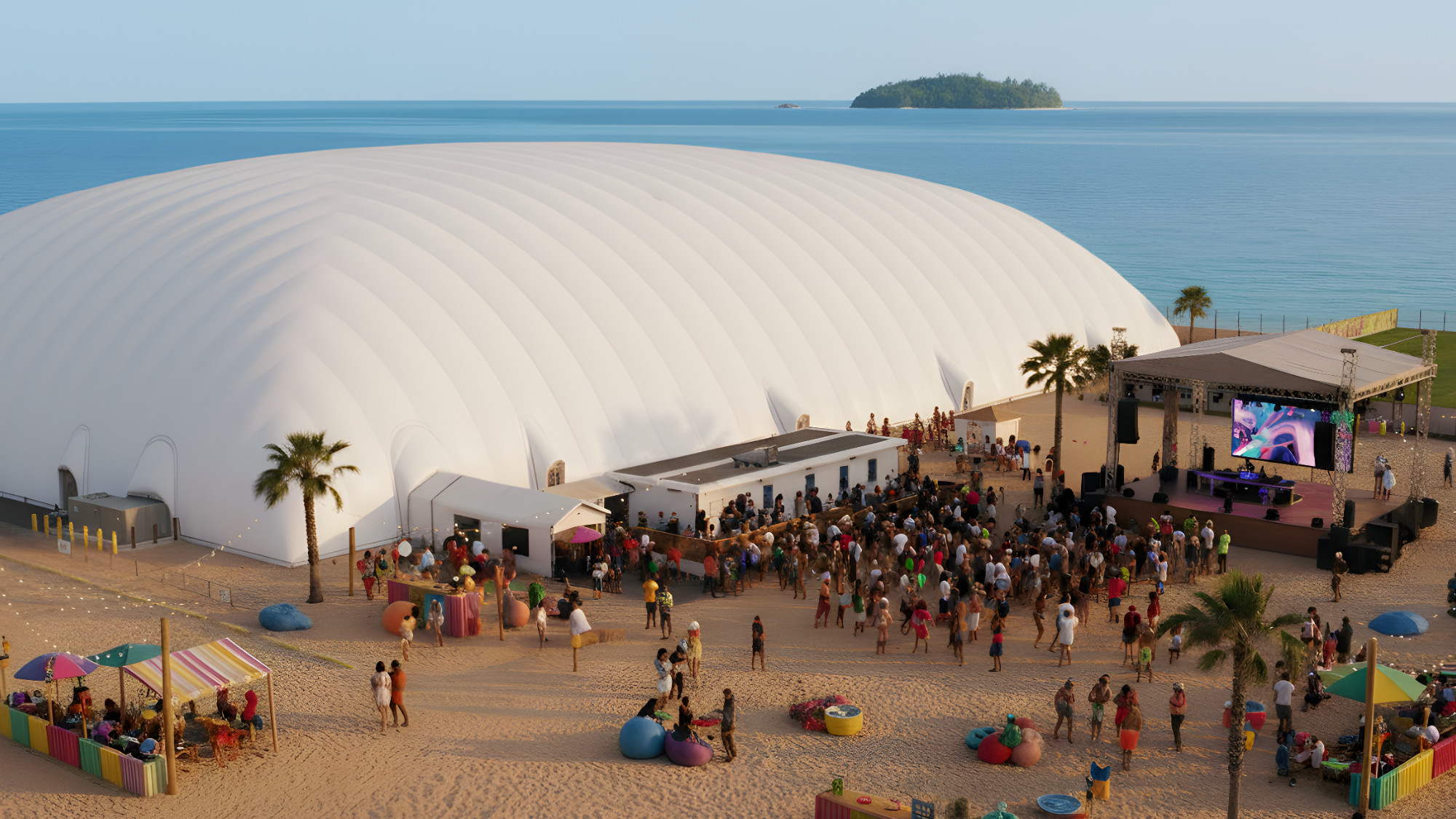 Crowd gathered at an outdoor beach event near a large white inflatable dome and a stage with a screen, with ocean and an island in the background.